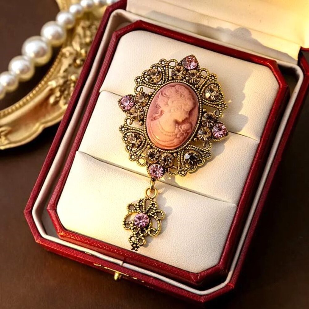 NEW Victorian Pink Cameo Jeweled Gold Brooch Pin